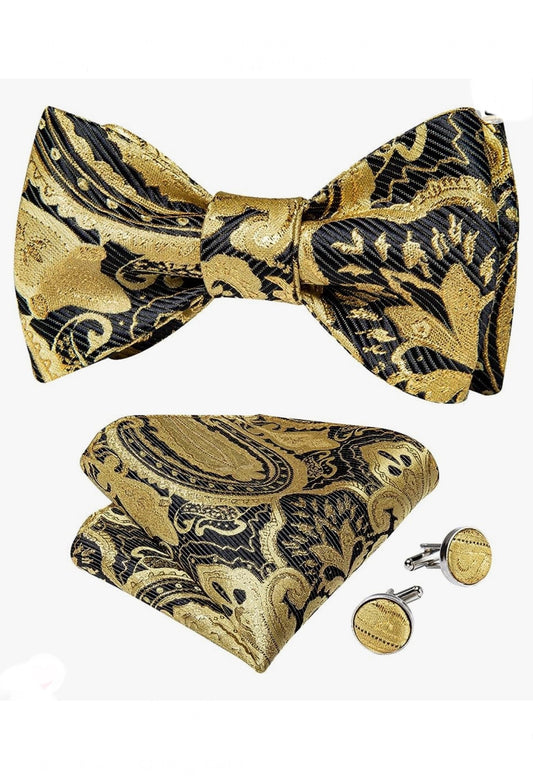 Silk Bow Tie, Self-tied Bowtie and Pocket Square Cufflinks Set